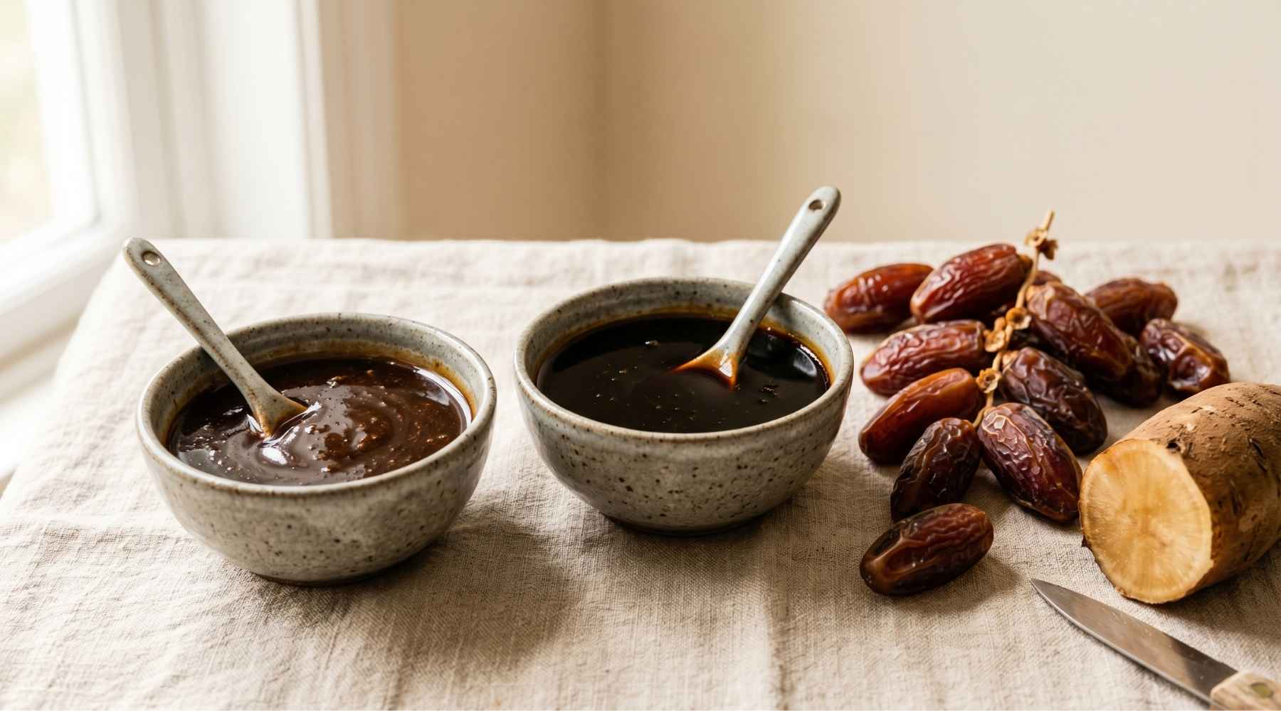Yacon Sirup oder Dattelsirup im Vergleich auf dem tisch
