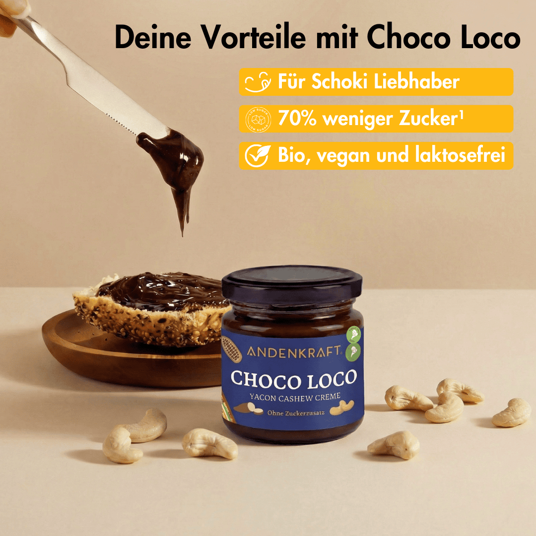 Choco Loco Andenkraft Glas in Anwendung mit Brötchen