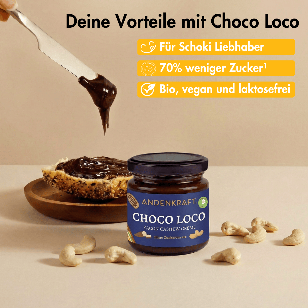 Choco Loco Andenkraft Glas in Anwendung mit Brötchen