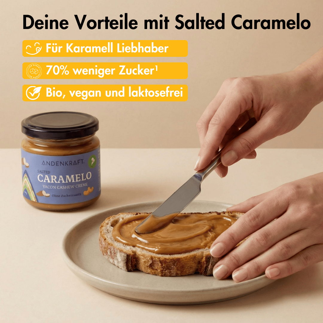 Salted Caramelo Andenkraft Glas in Anwendung mit Brot