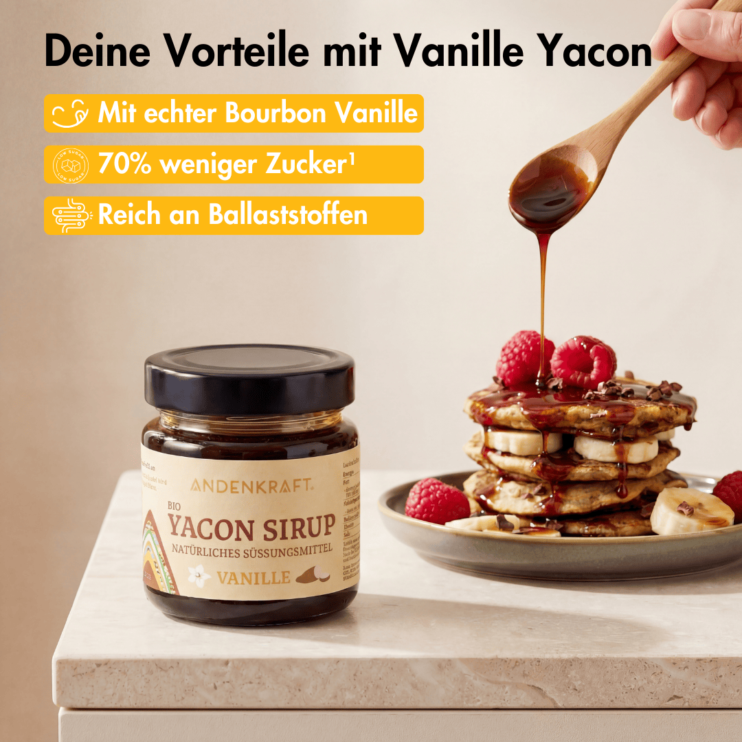 Yacon Sirup Vanille Glas mit Pancakes