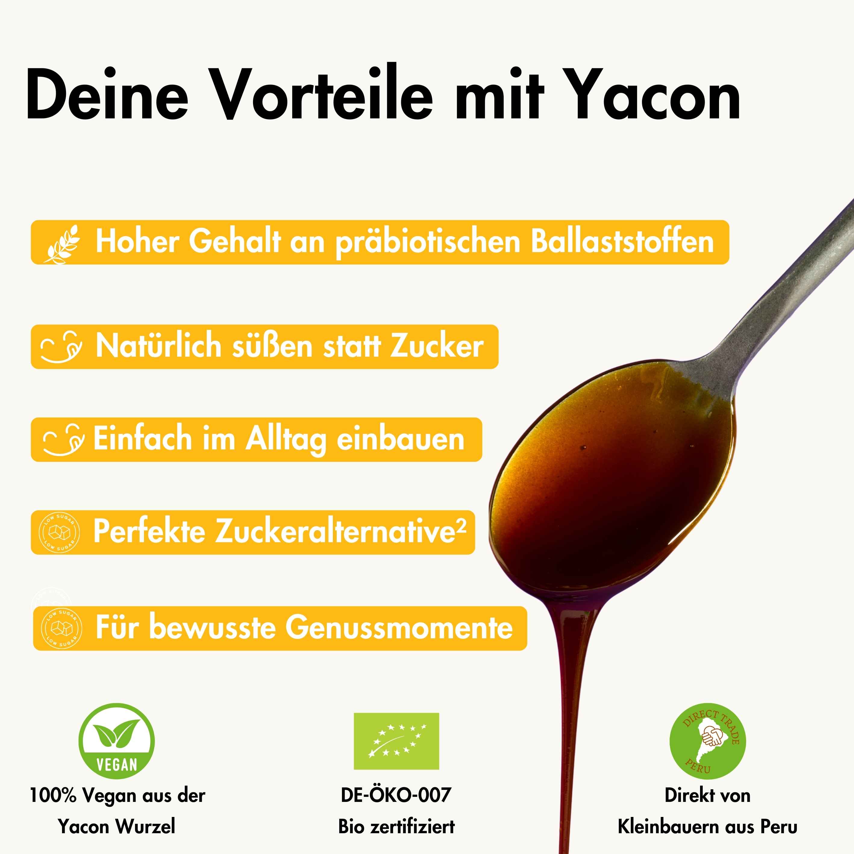 Vorteile Yacon Produkte mit Yacon Sirup und Löffel