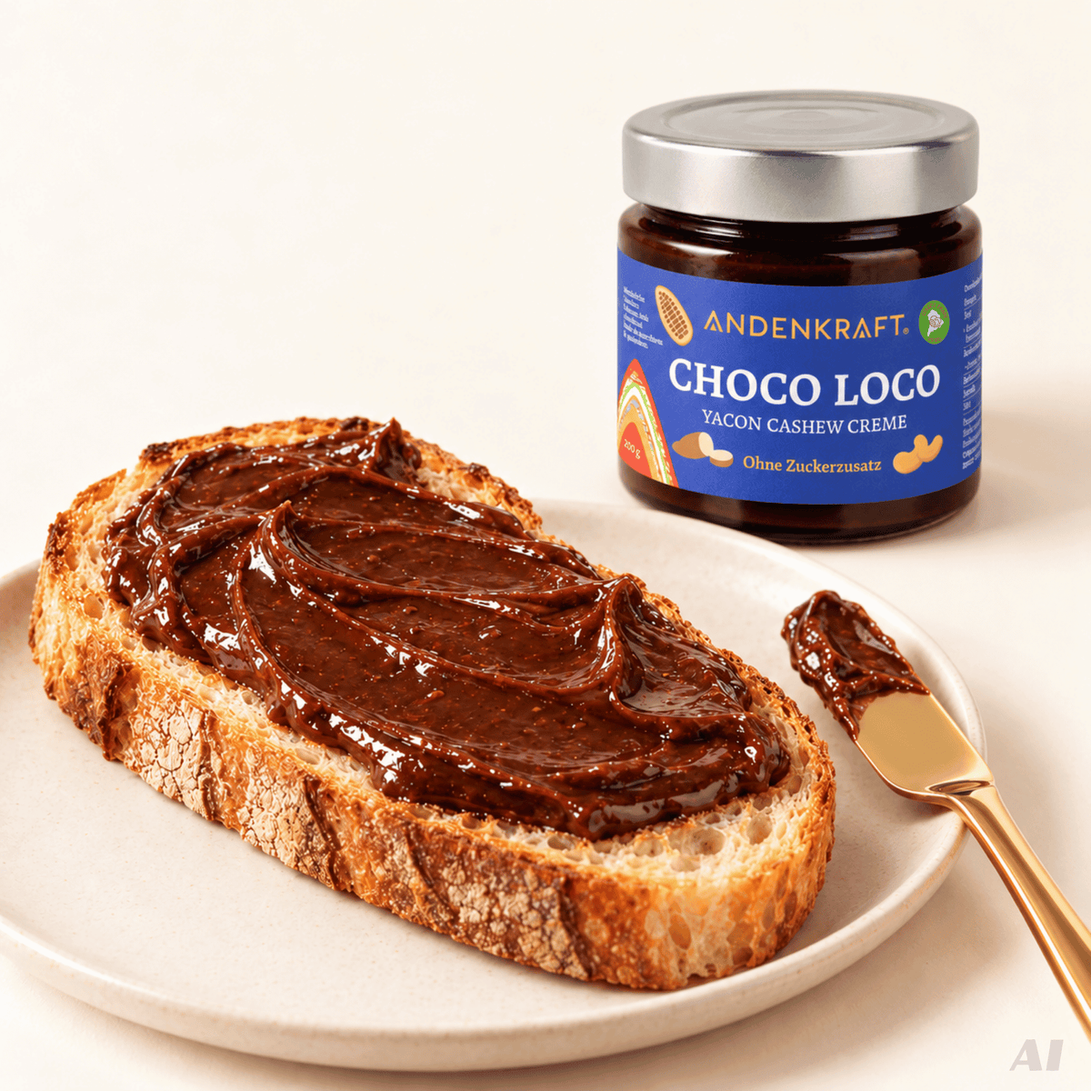 Choco Loco Andenkraft Glas in Anwendung mit Brötchen