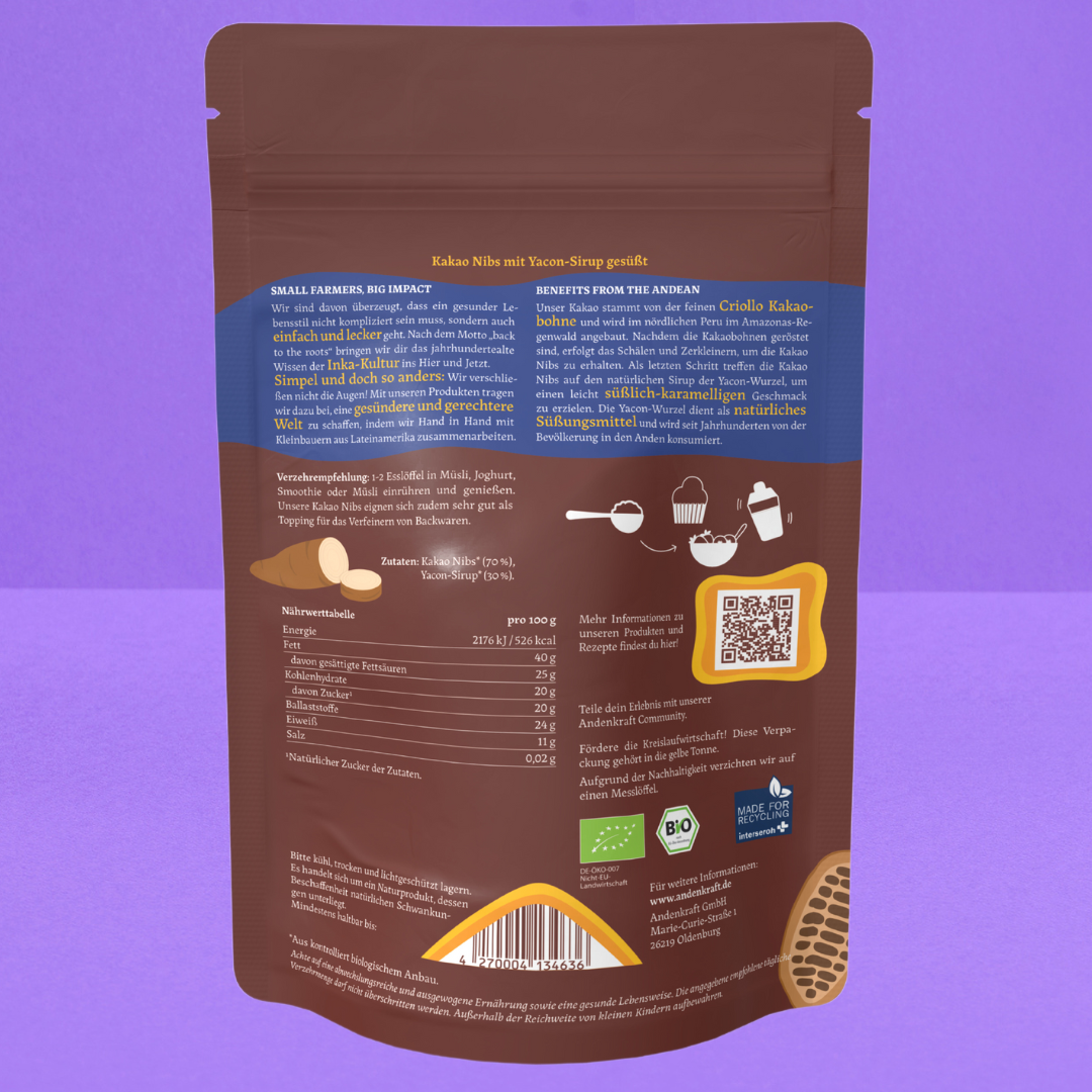 Bio Kakaonibs mit Yacon Sirup Rückseite Verpackung
