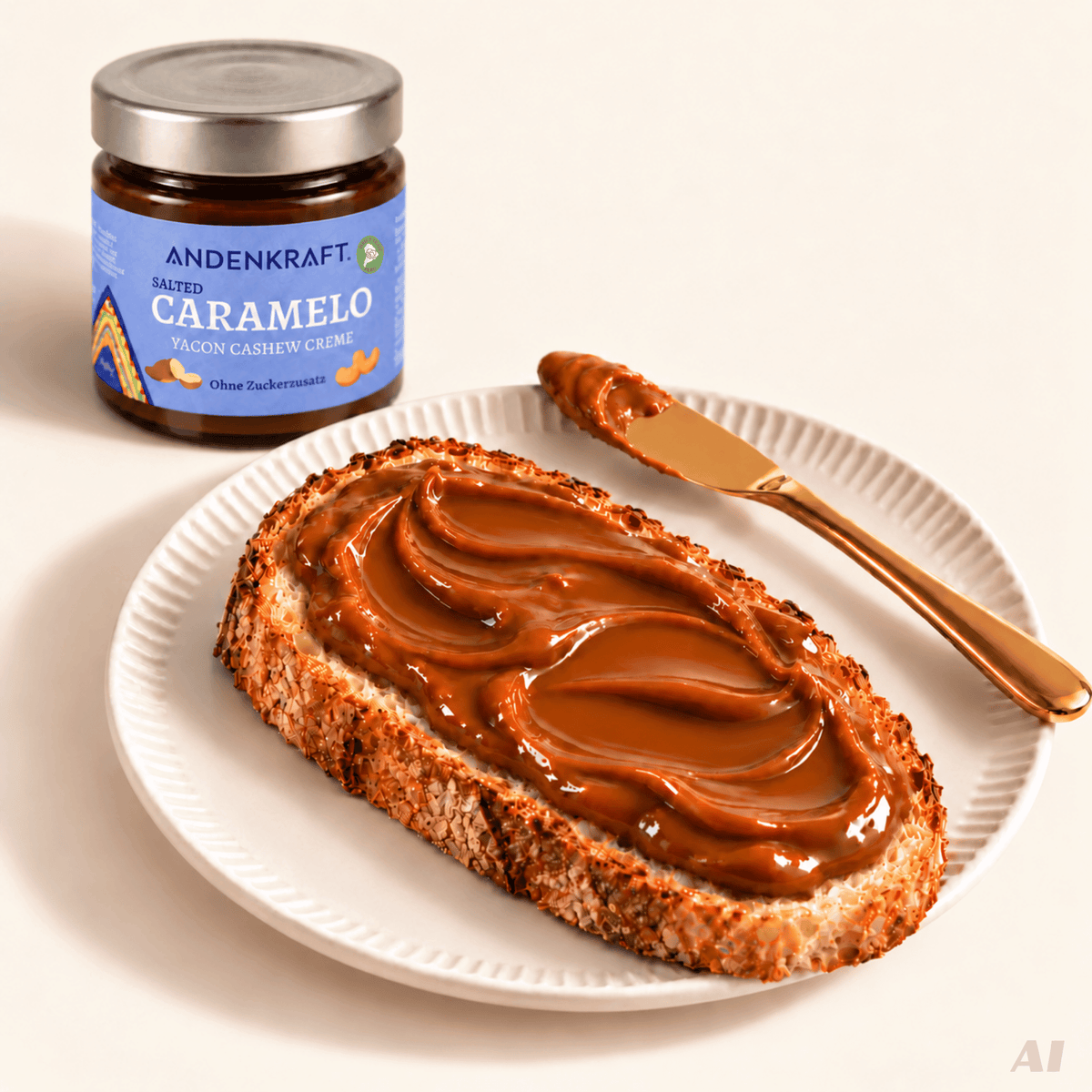 Salted Caramelo Andenkraft Glas in Anwendung mit Brot