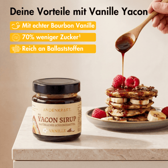 Yacon Sirup Vanille Glas mit Pancakes 